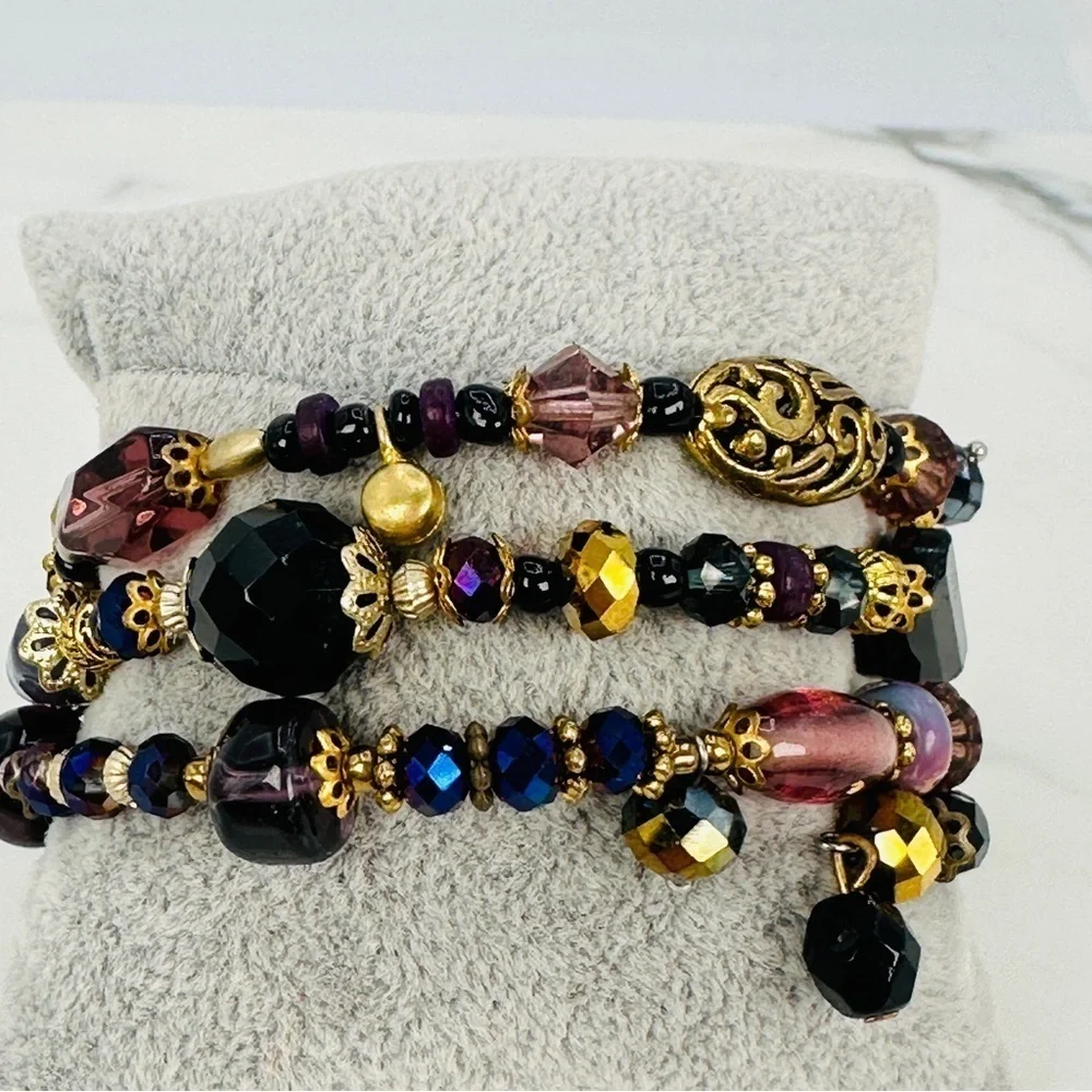Glass & Stone Wrap Bracelet Faceted Aurora Borealis Beads Purple Black Gold Glam